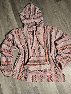 Earthbound Woven Hooded Baja Pullover - Pink Stripe Medium
